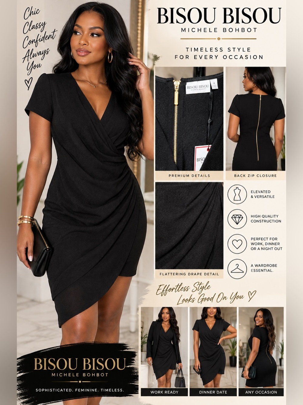 Bisou Bisou Black Draped V-Neck Short Sleeve Mini Dress size 4